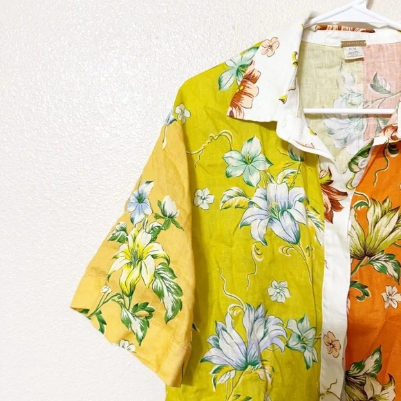 Magaschoni Linen Colorblock Tropical Print Button Up Short Sleeve Blouse Medium - Picture 3 of 5
